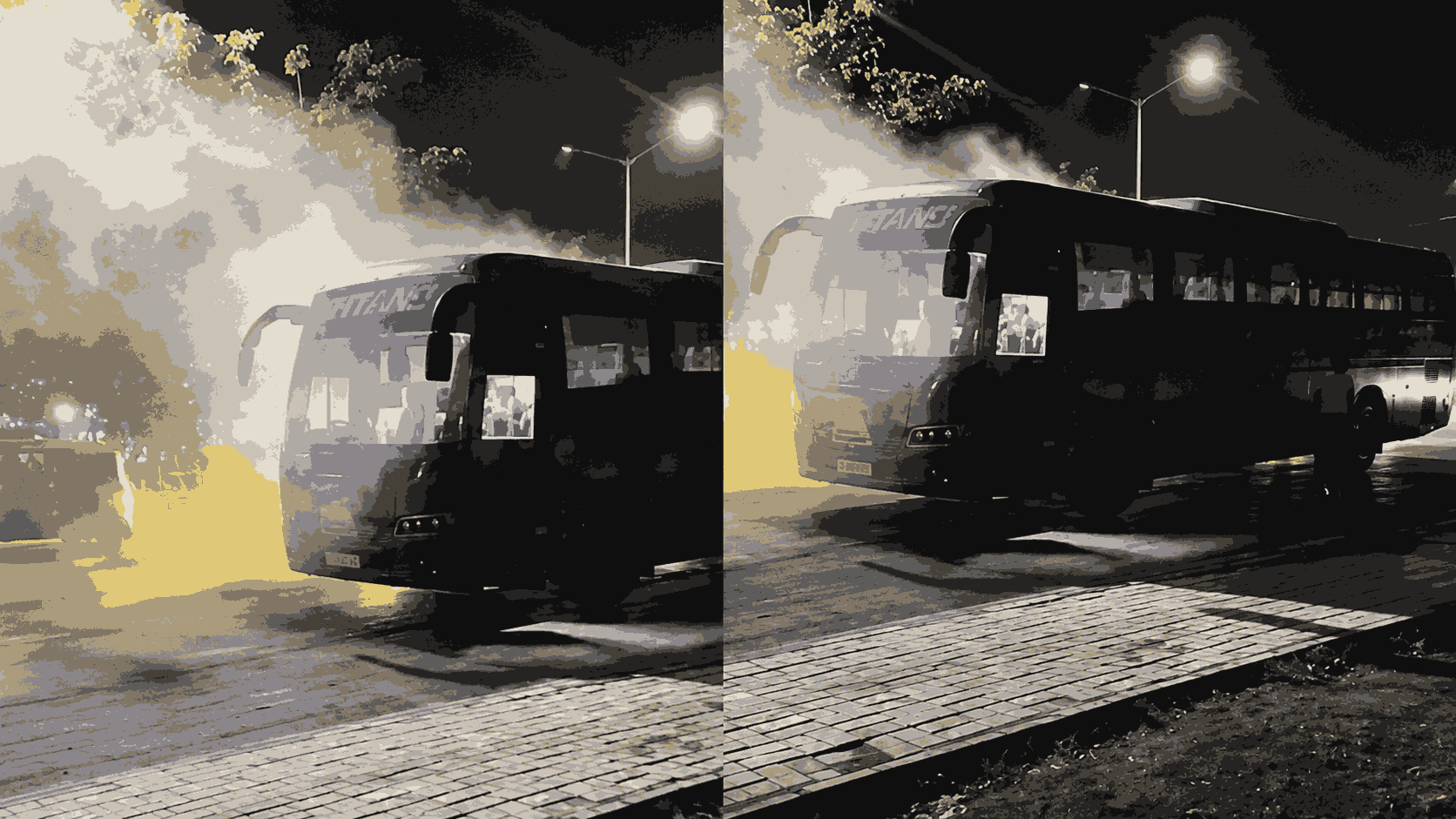 gt team bus catches fire 